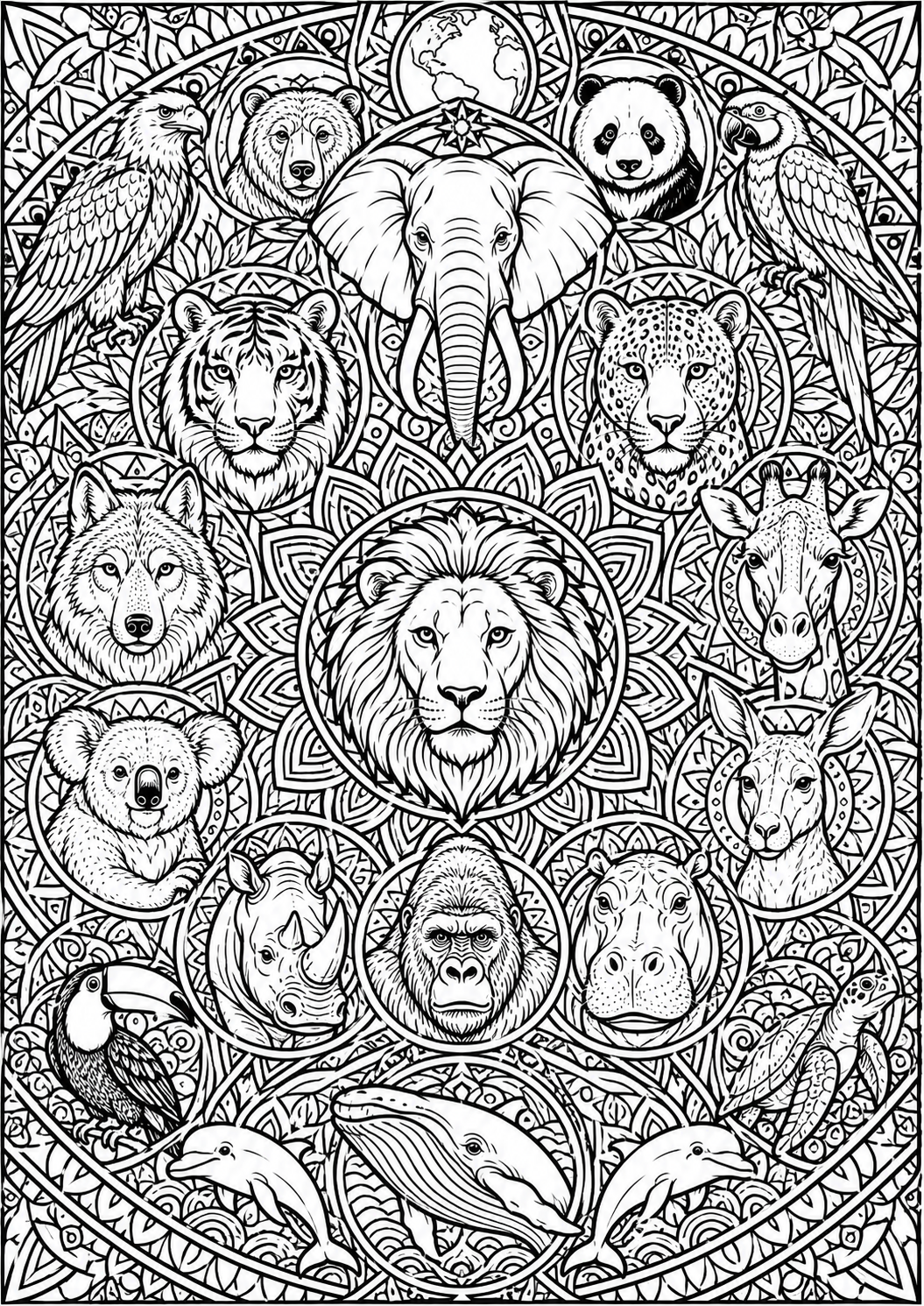 🦁 Mandalas de Animales del Mundo — 60 Diseños para Colorear y Relajarte