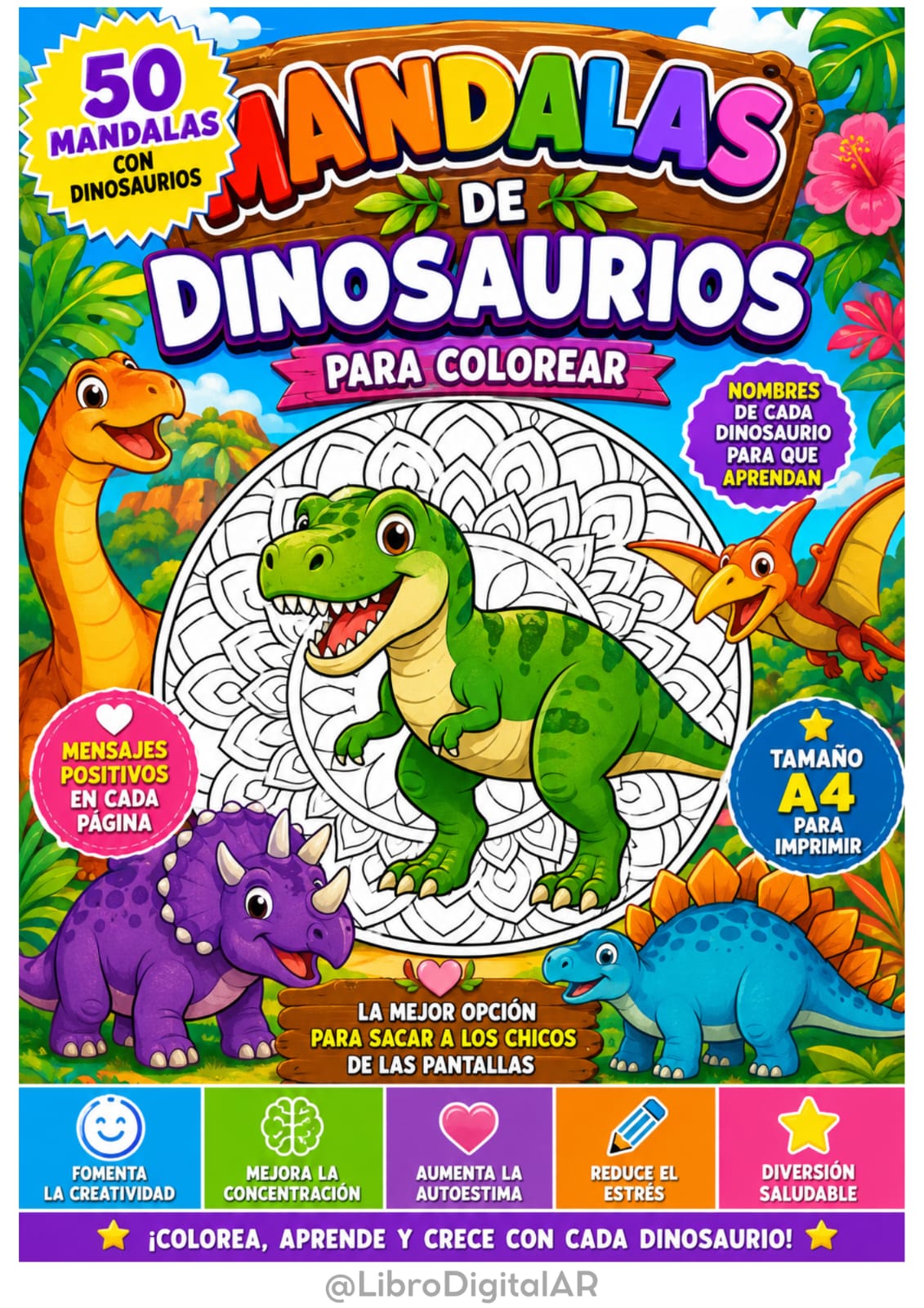 🦕 50 Mandalas de Dinosaurios para Colorear — Diversión y Calma para Niños